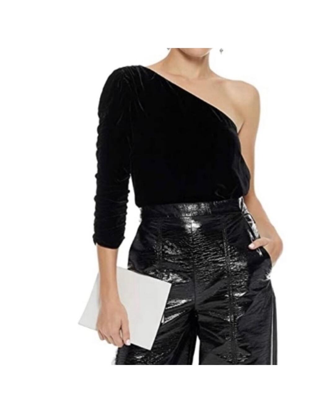 JOIE Top One Shoulder Velvet Wayman Black Blouse Silk Blend Ruched Arm Evening